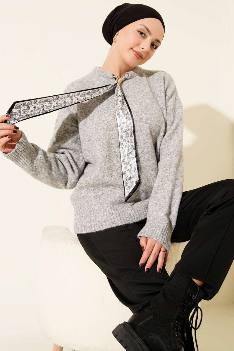 Knit Sweater with Scarf Collar - Grey