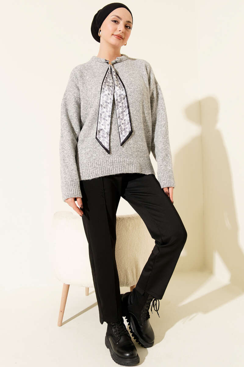 Knit Sweater with Scarf Collar - Grey