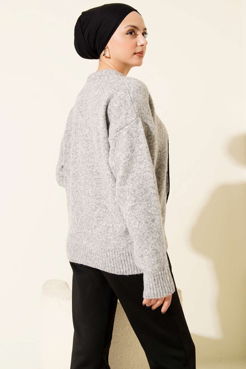 Knit Sweater with Scarf Collar - Grey