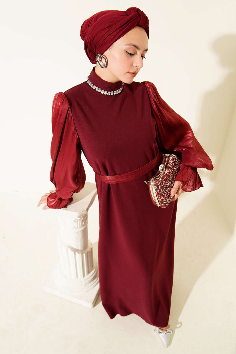 Belted Evening Dress with Pearl Collar - Burgundy