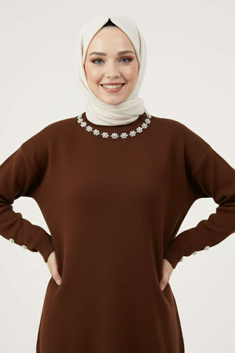 Fluffy Tunic with Pearl Collar - Dark Brown