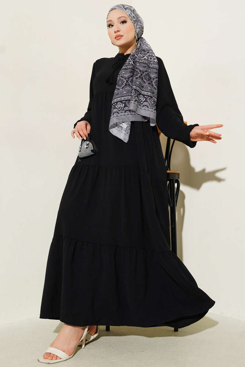 Tiered Dress with Lace-Up Collar - Black