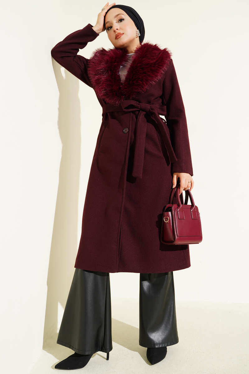 Felt Coat with Faux Fur Collar Detail - Burgundy