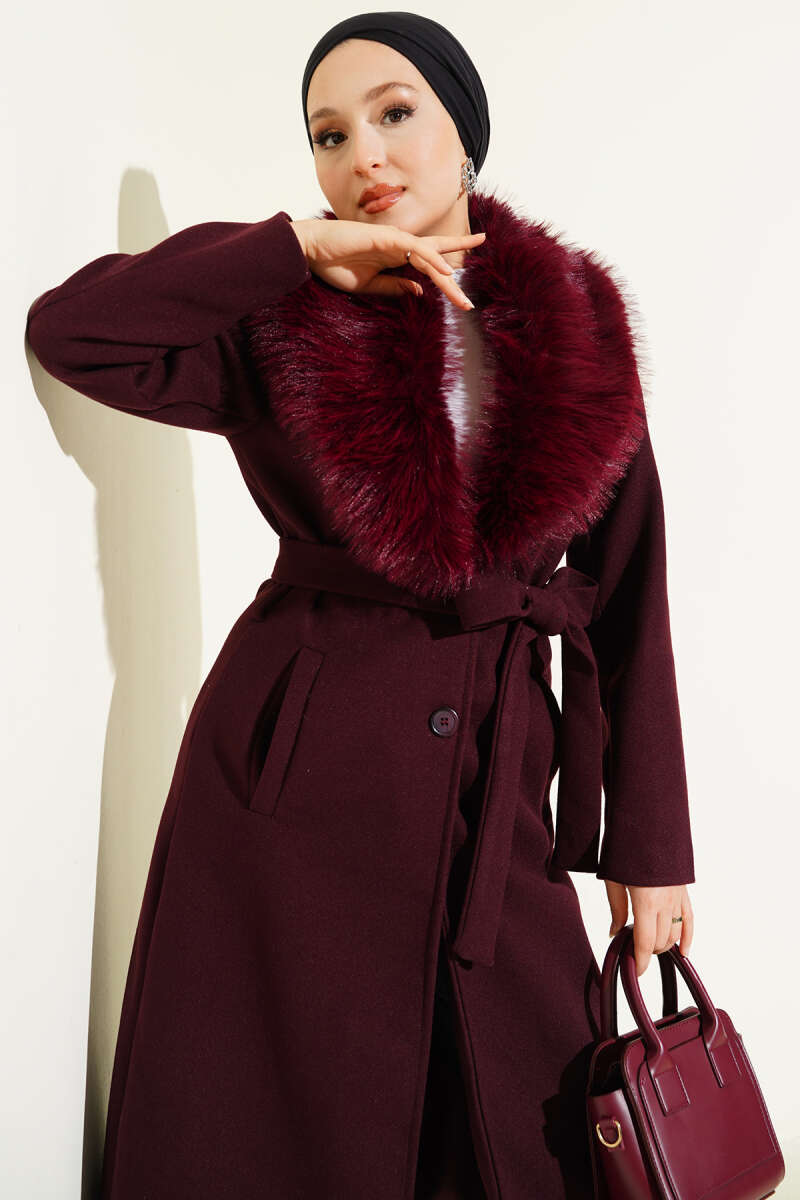 Felt Coat with Faux Fur Collar Detail - Burgundy