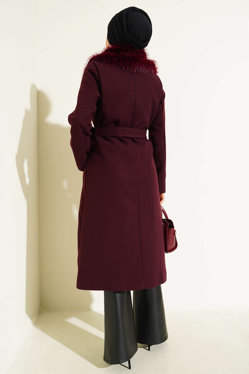 Felt Coat with Faux Fur Collar Detail - Burgundy