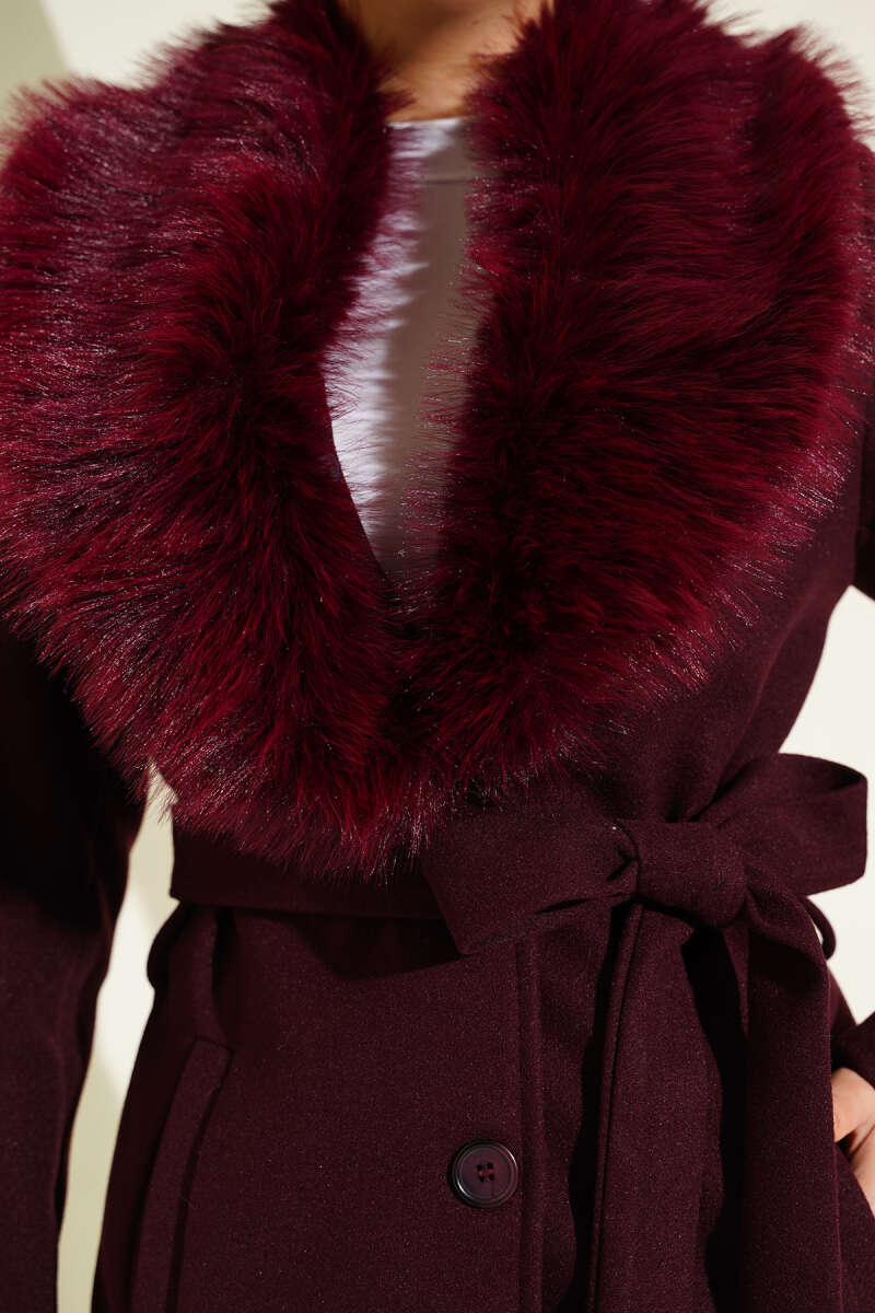 Felt Coat with Faux Fur Collar Detail - Burgundy