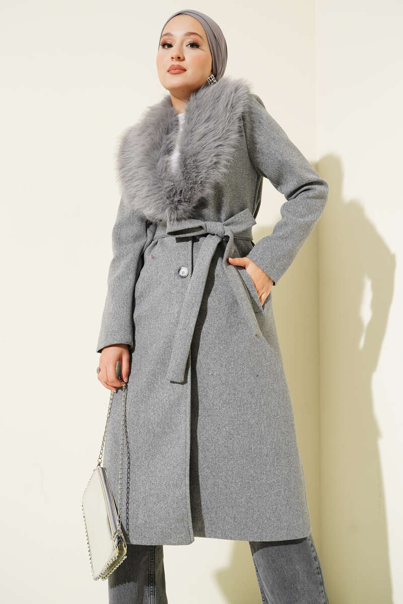 Felt Coat with Faux Fur Collar Detail - Grey