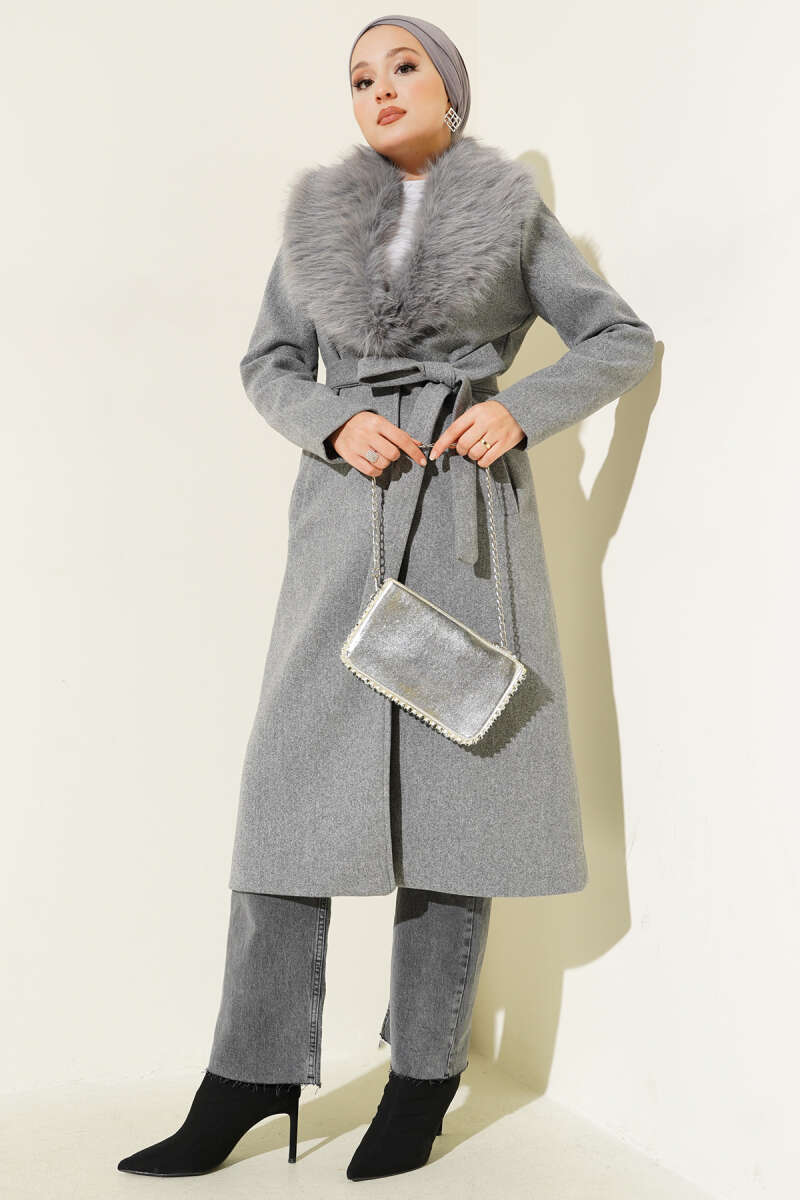 Felt Coat with Faux Fur Collar Detail - Grey