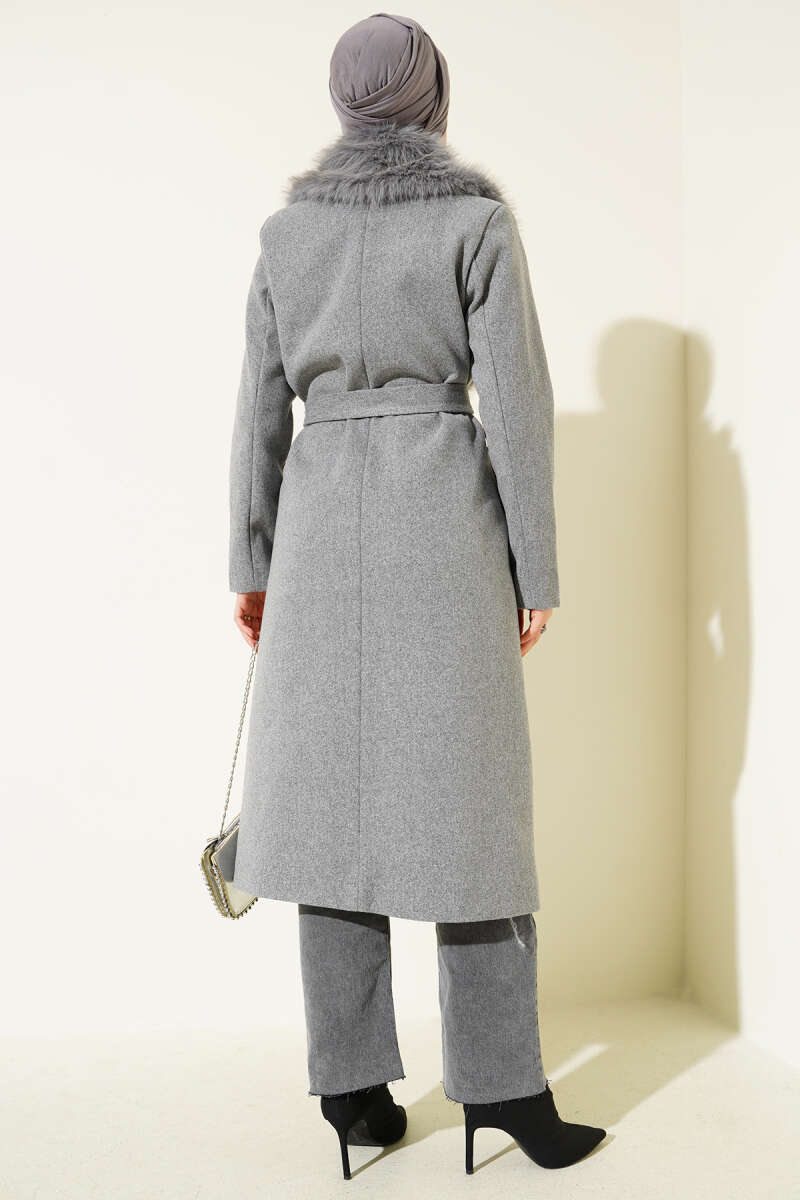 Felt Coat with Faux Fur Collar Detail - Grey