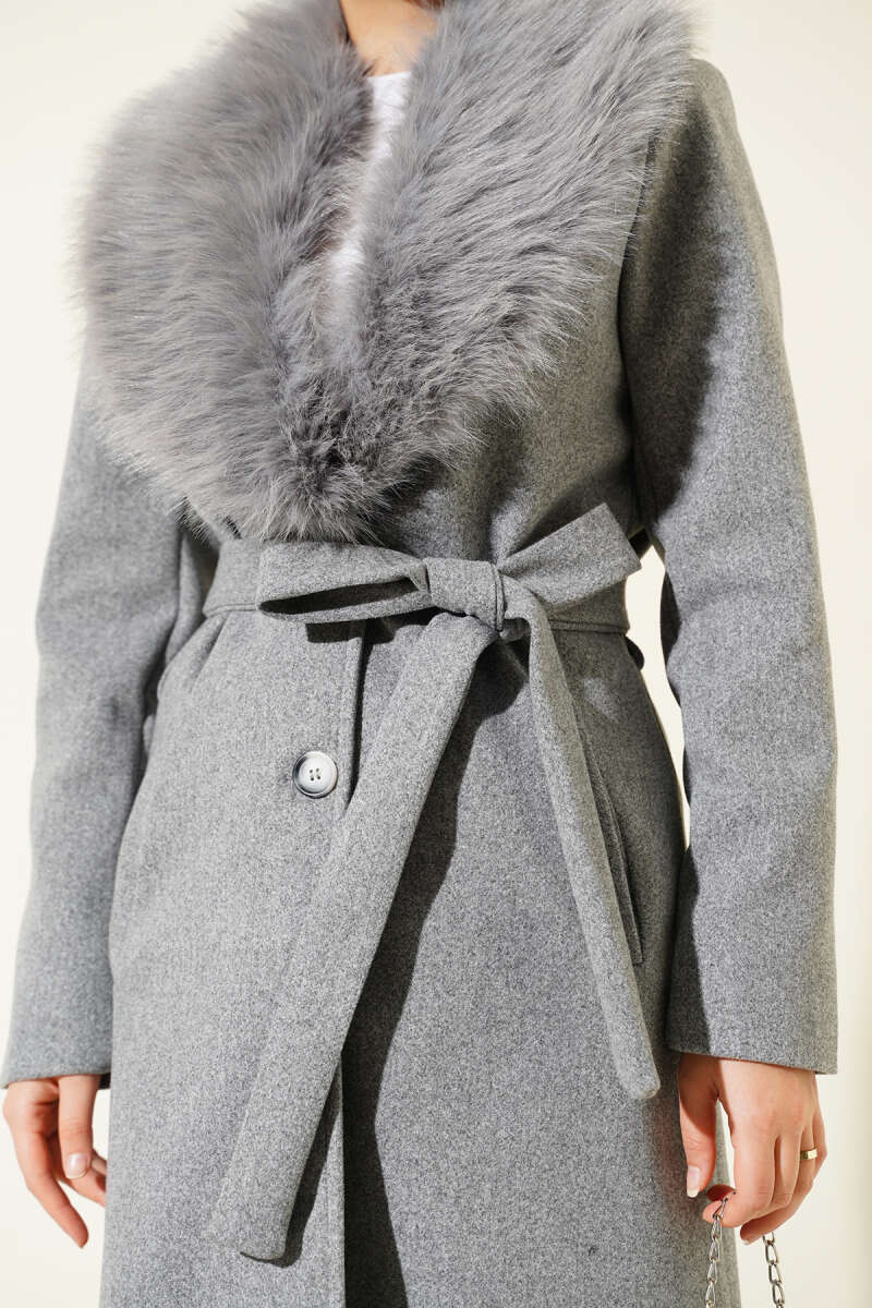 Felt Coat with Faux Fur Collar Detail - Grey
