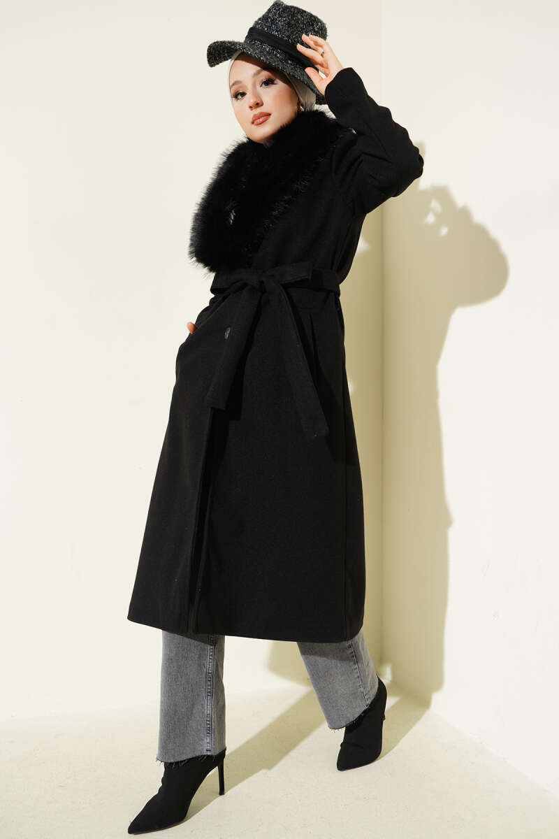 Felt Coat with Faux Fur Collar Detail - Black