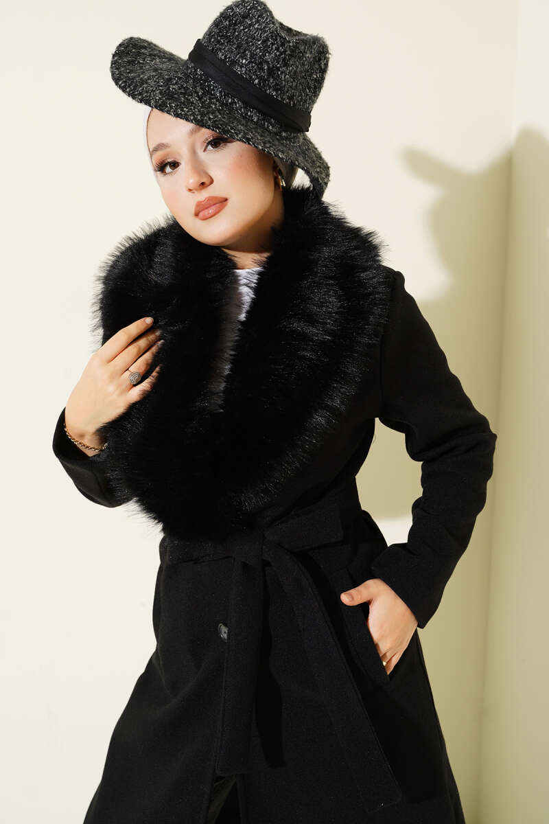 Felt Coat with Faux Fur Collar Detail - Black