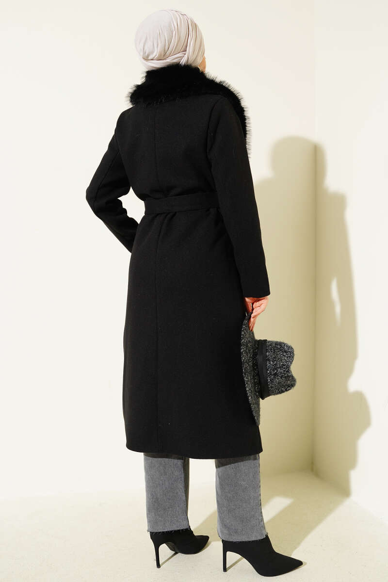 Felt Coat with Faux Fur Collar Detail - Black