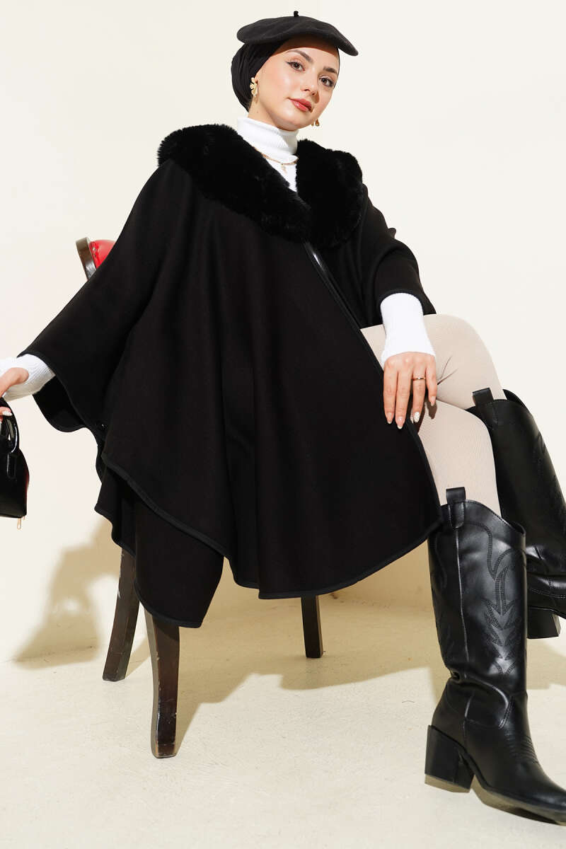 Poncho with Faux Fur Collar - Black