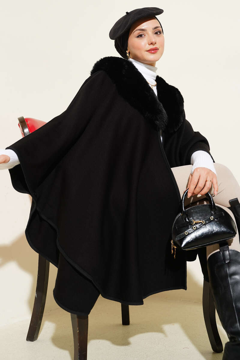 Poncho with Faux Fur Collar - Black