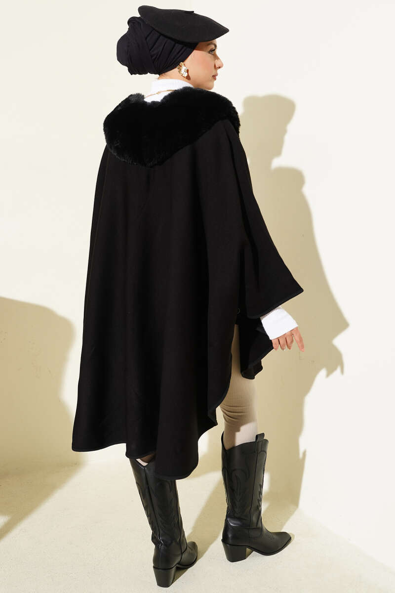 Poncho with Faux Fur Collar - Black