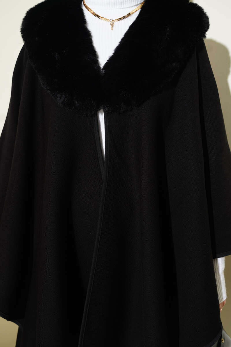 Poncho with Faux Fur Collar - Black