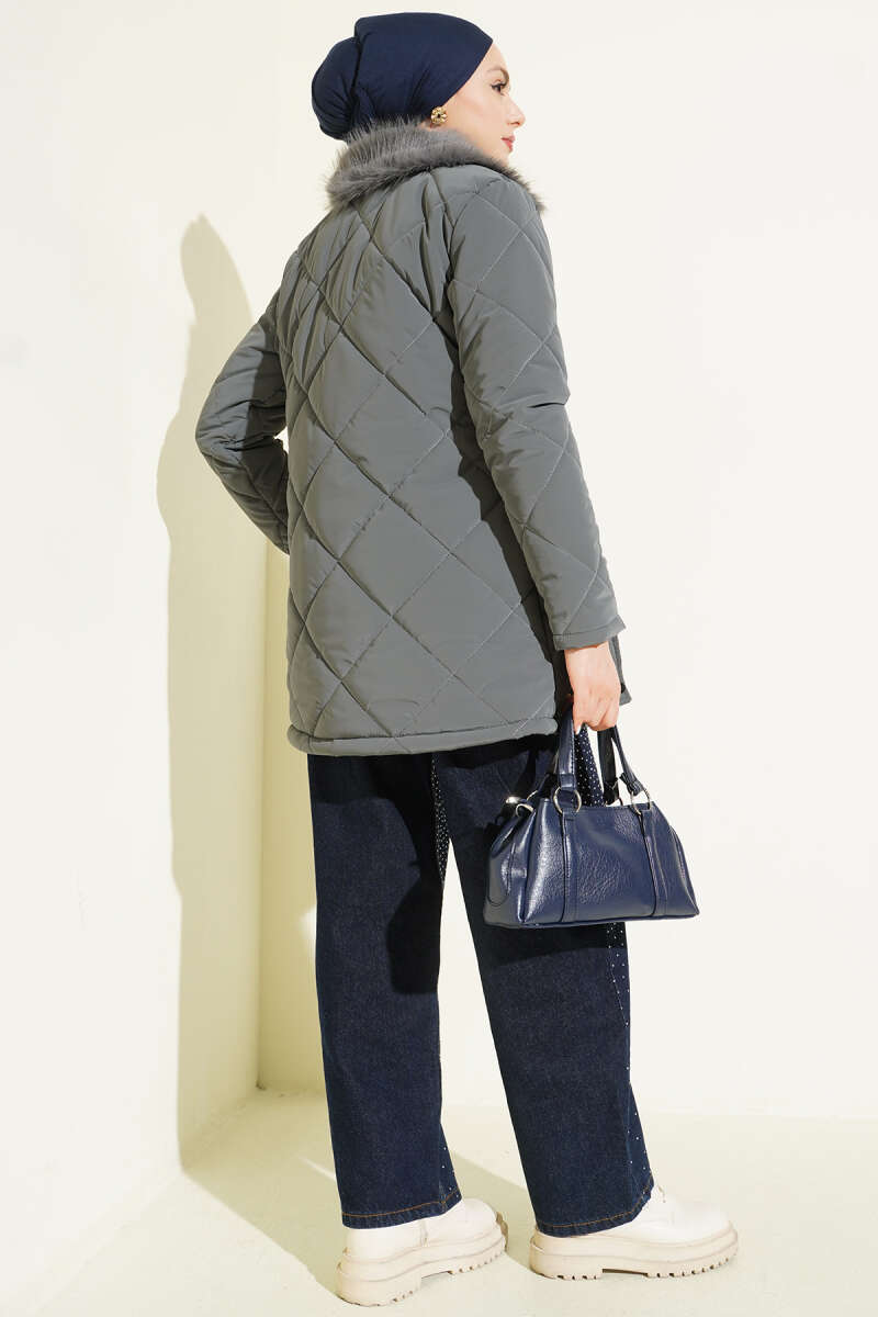 Short Quilted Coat with Faux Fur Collar - Smoke Grey