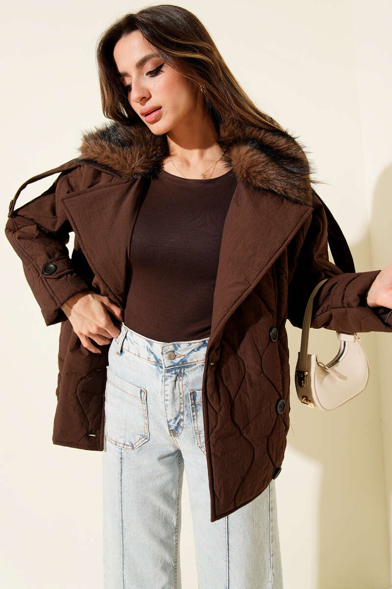 Quilted Coat with Faux Fur Collar and Snap Buttons - Brown