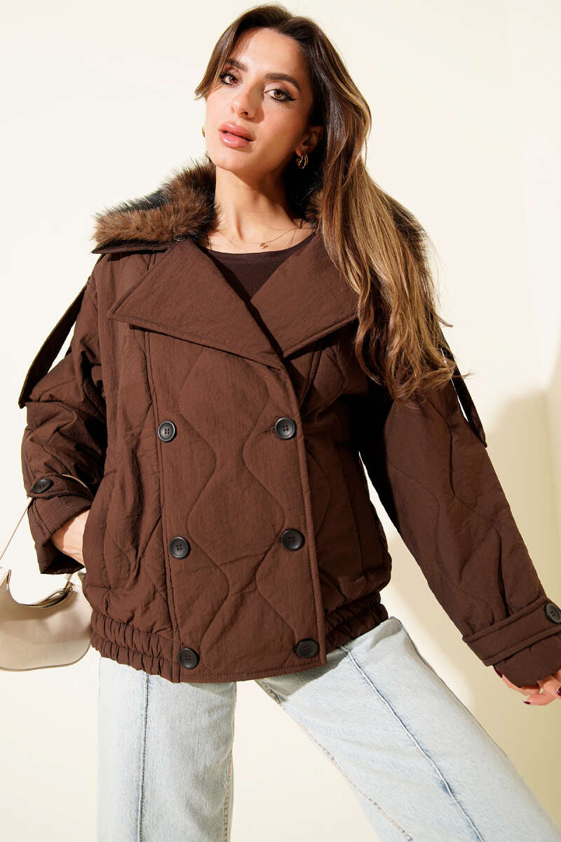 Quilted Coat with Faux Fur Collar and Snap Buttons - Brown