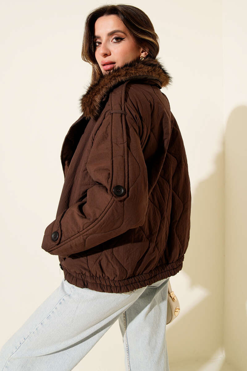 Quilted Coat with Faux Fur Collar and Snap Buttons - Brown