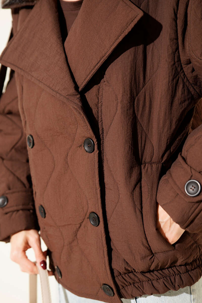 Quilted Coat with Faux Fur Collar and Snap Buttons - Brown