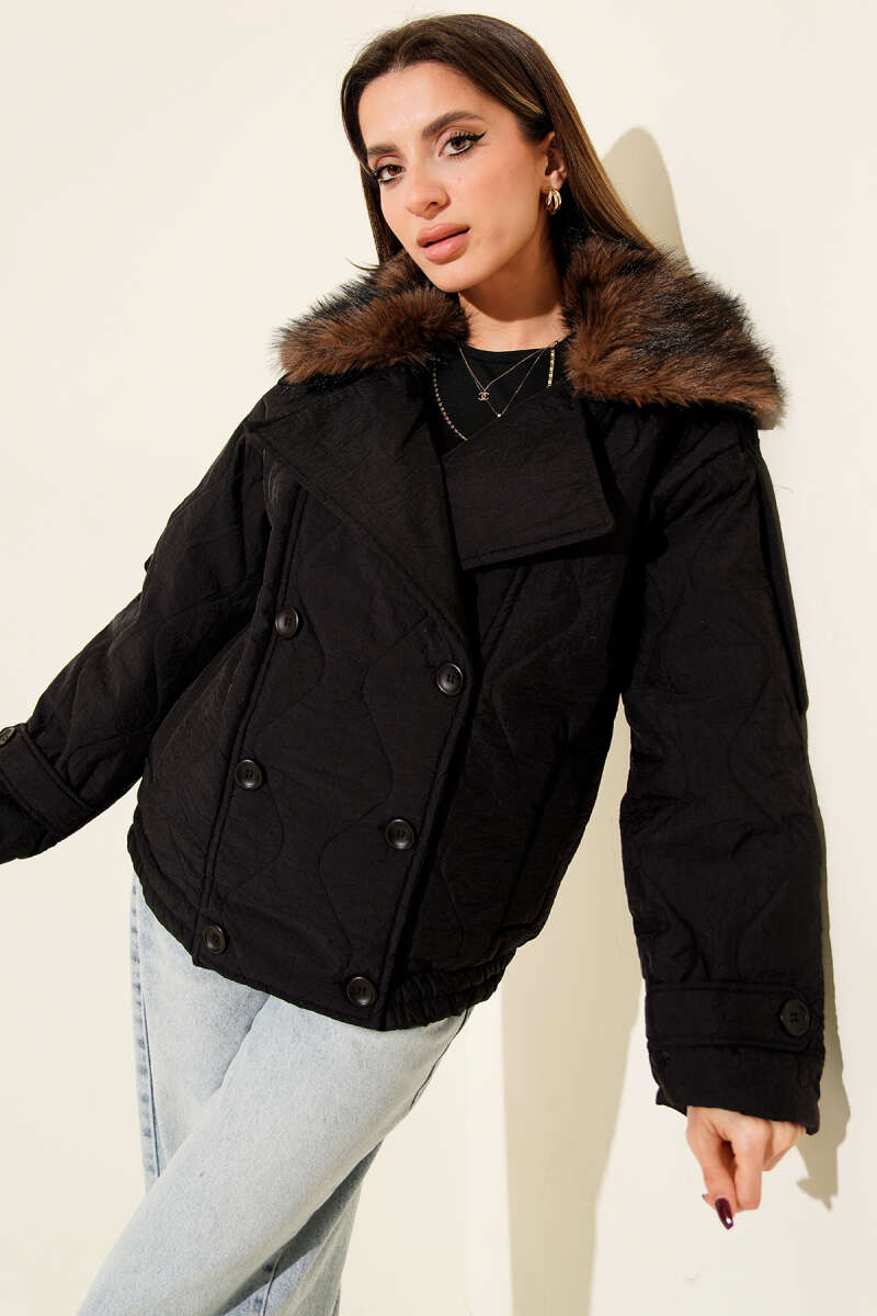 Quilted Coat with Faux Fur Collar and Snap Buttons - Black