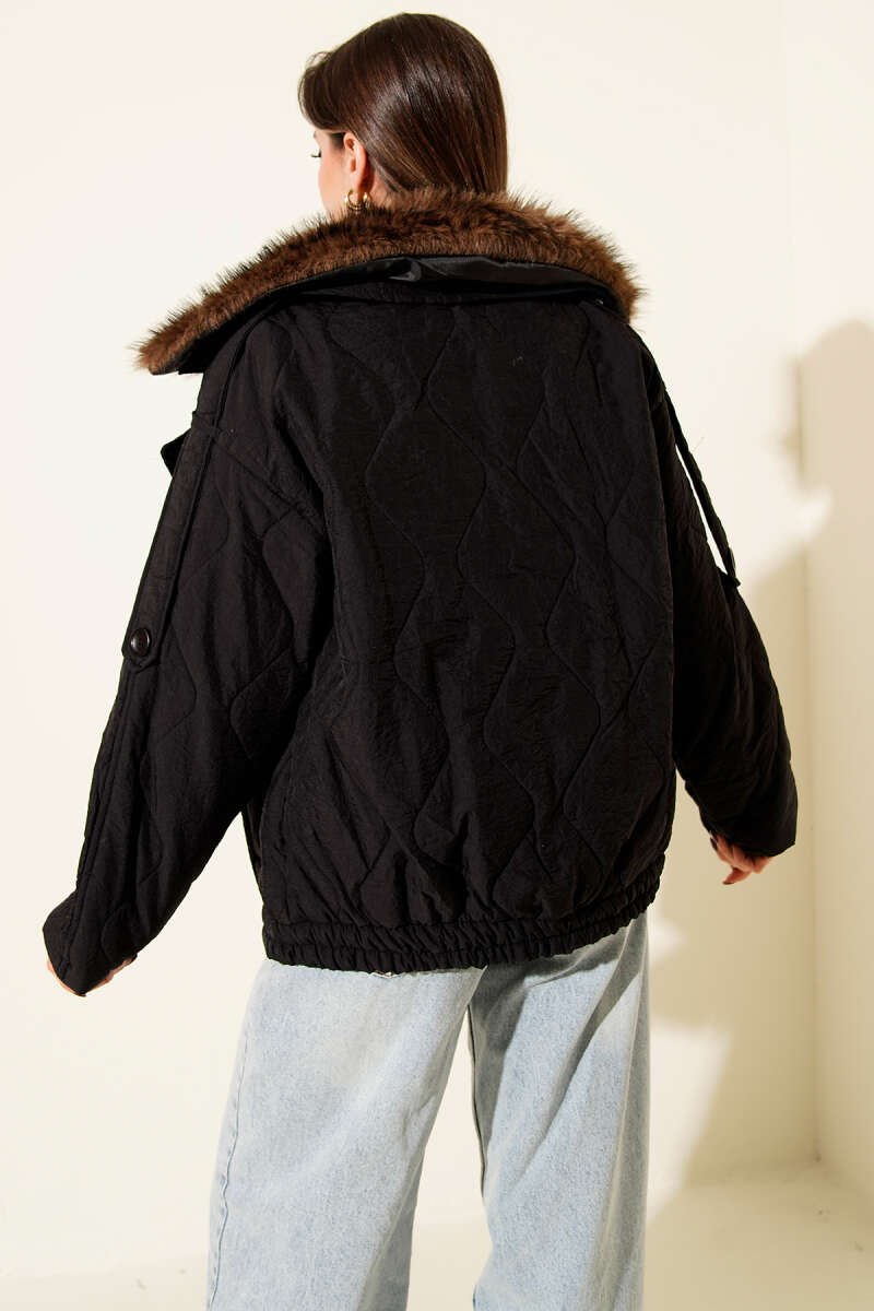 Quilted Coat with Faux Fur Collar and Snap Buttons - Black