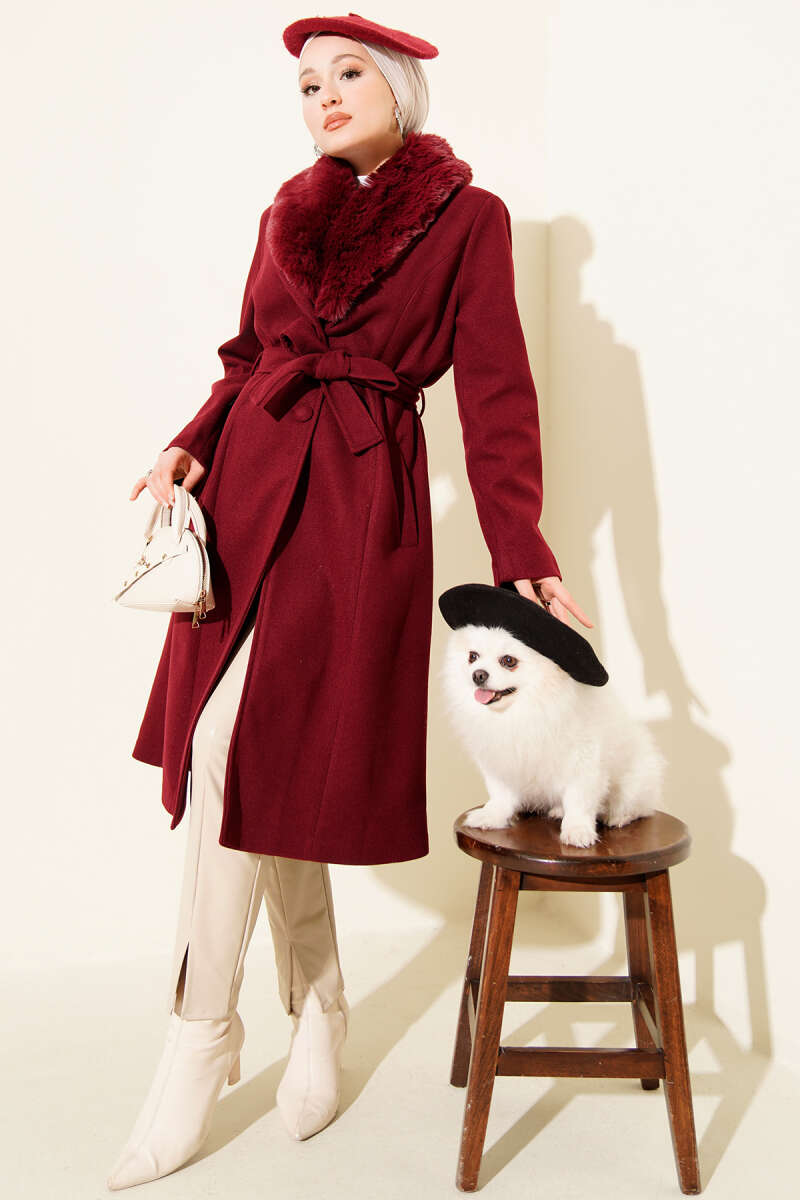 Felt Coat with Faux Fur Collar - Burgundy