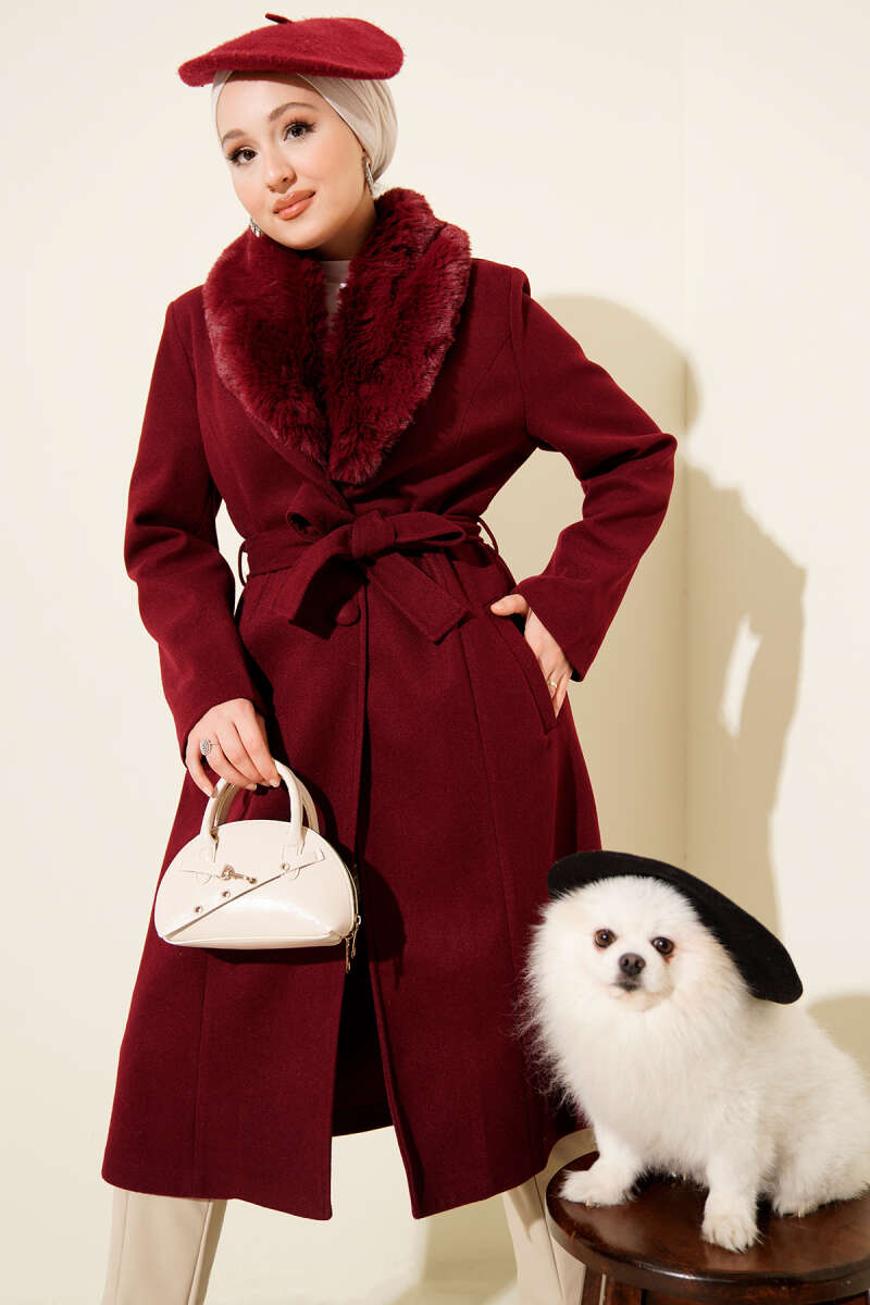 Felt Coat with Faux Fur Collar - Burgundy