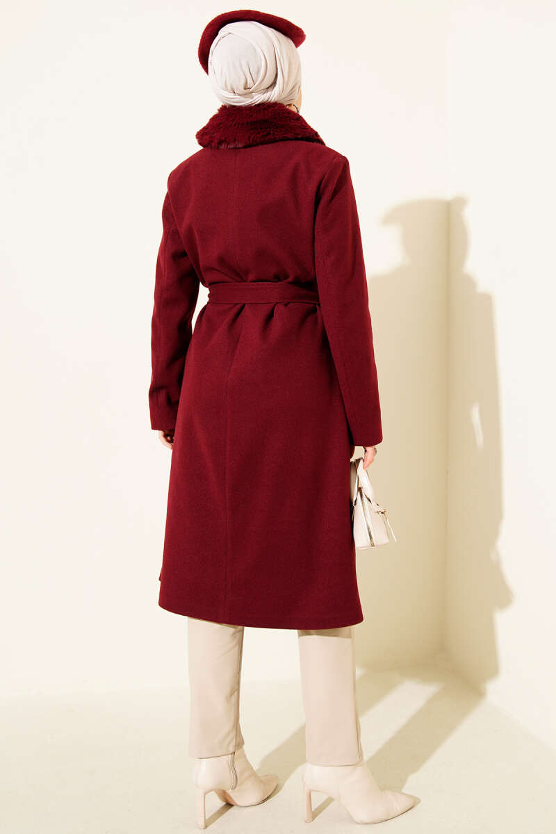 Felt Coat with Faux Fur Collar - Burgundy