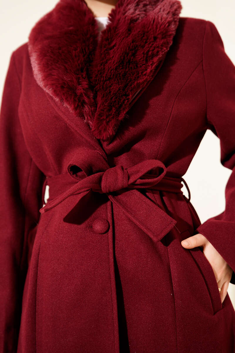Felt Coat with Faux Fur Collar - Burgundy