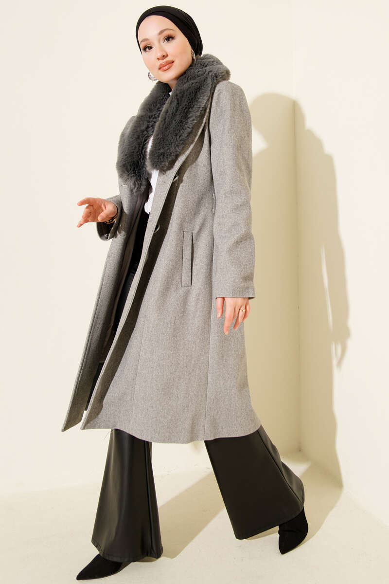 Felt Coat with Faux Fur Collar - Grey