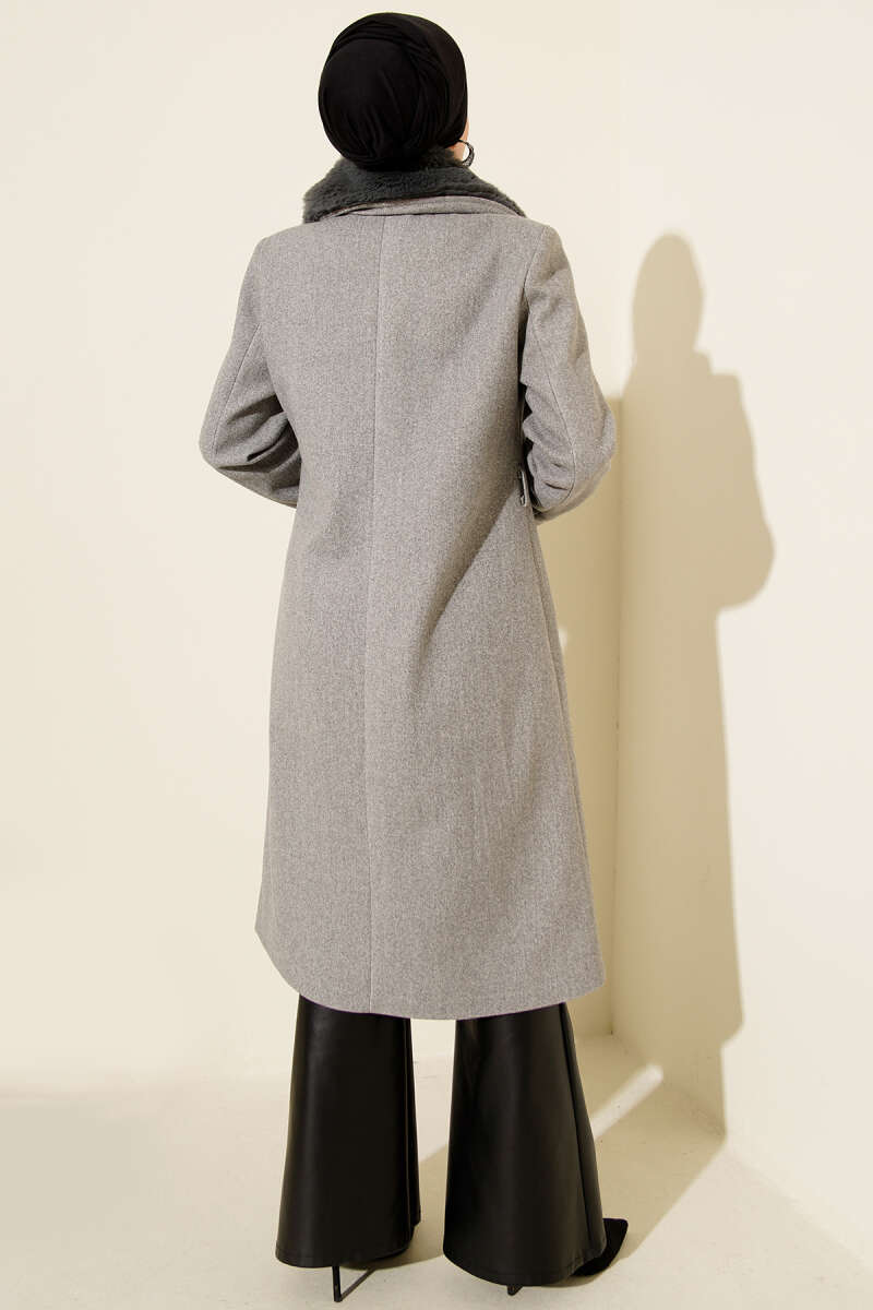 Felt Coat with Faux Fur Collar - Grey