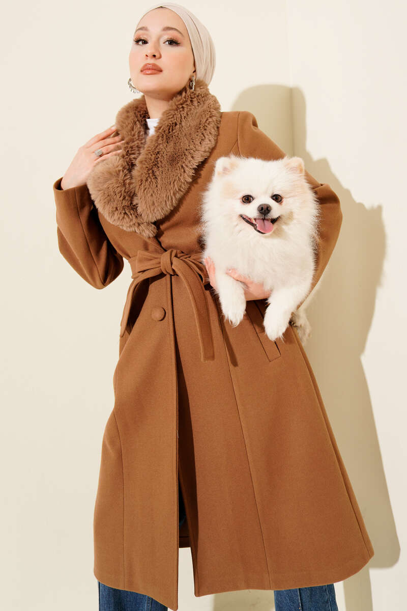 Felt Coat with Faux Fur Collar - Latte