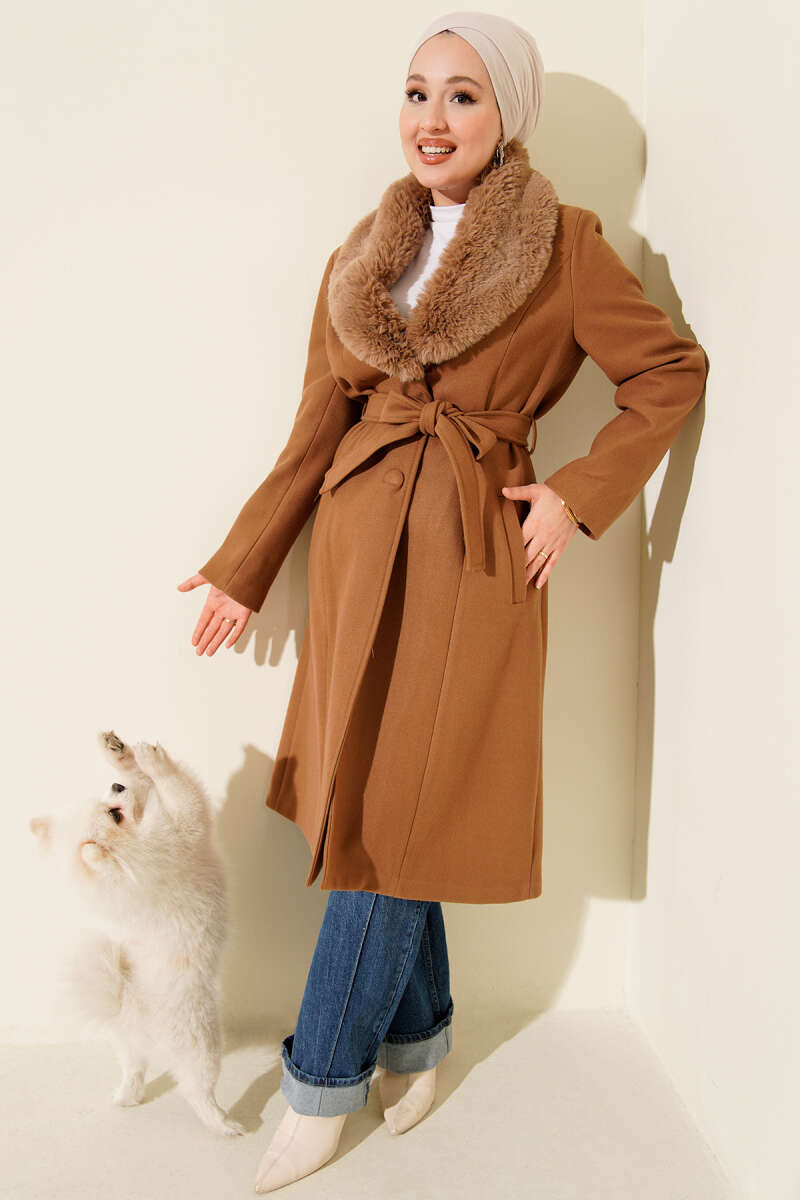 Felt Coat with Faux Fur Collar - Latte