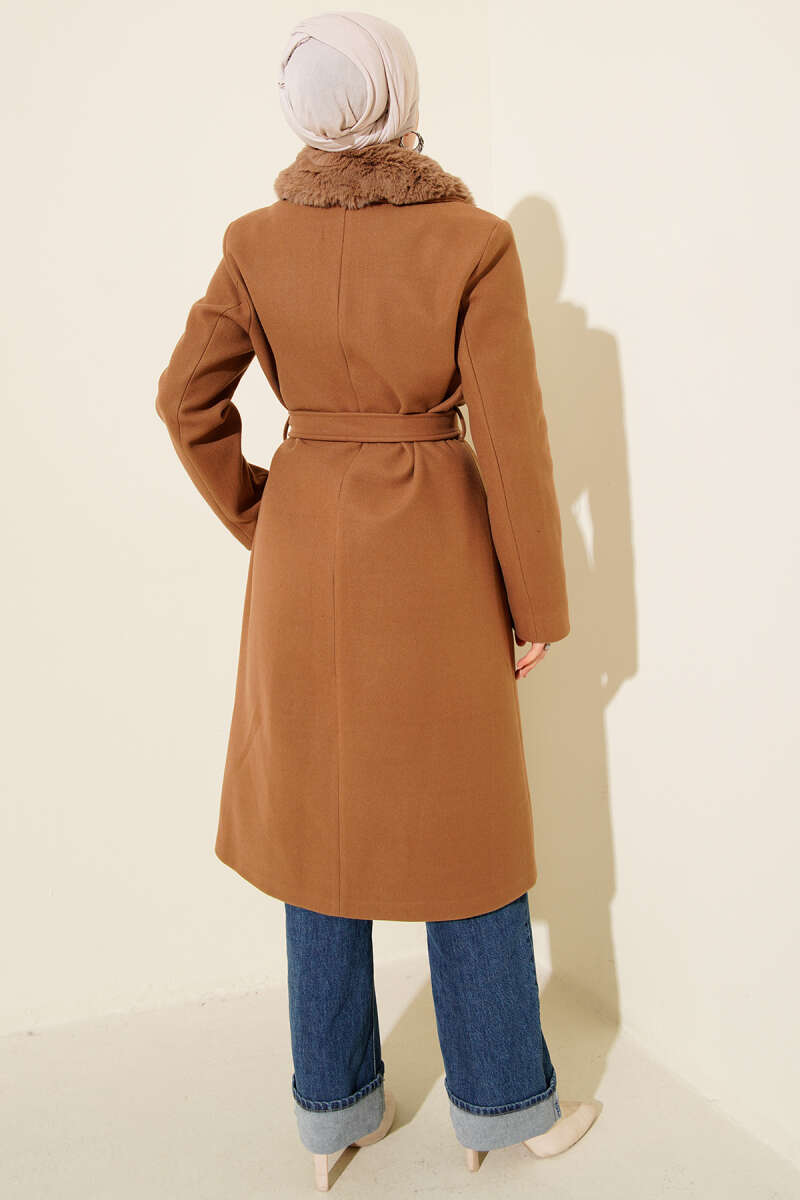 Felt Coat with Faux Fur Collar - Latte
