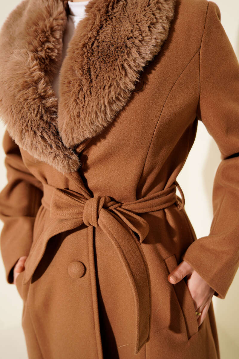 Felt Coat with Faux Fur Collar - Latte