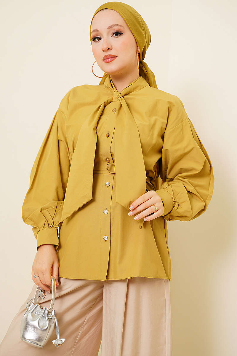 Poplin Shirt with Tie Collar - Olive