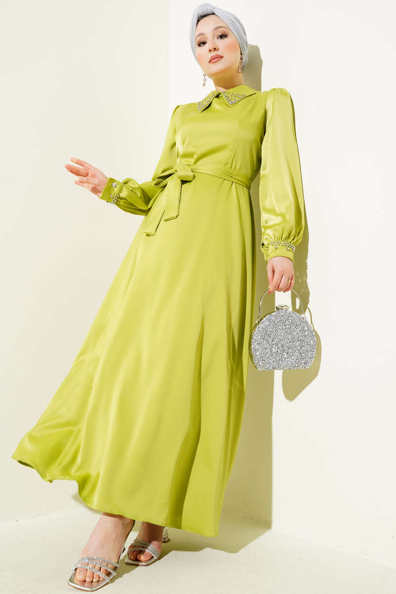 Satin Evening Dress with Stone Collar and Cuffs - Olive