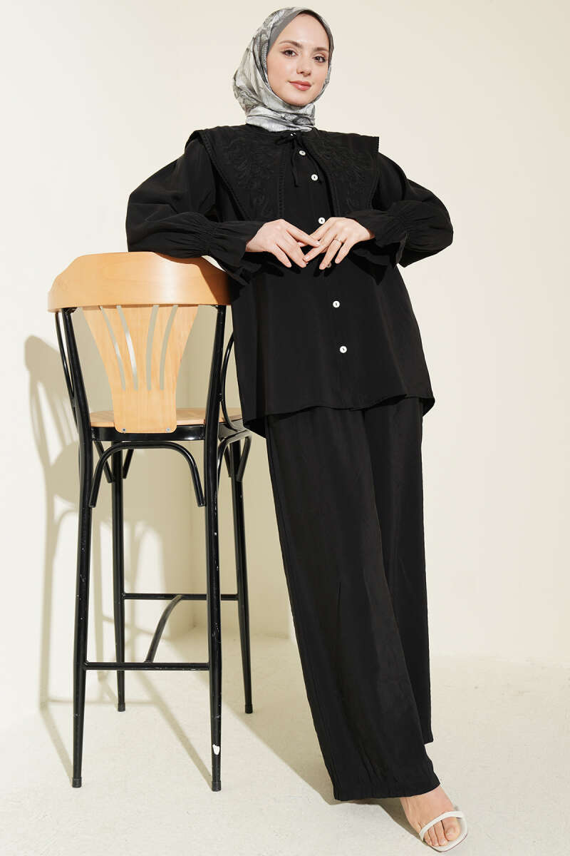 Modal Set with Embroidered Collar and Guipure Cuffs - Black