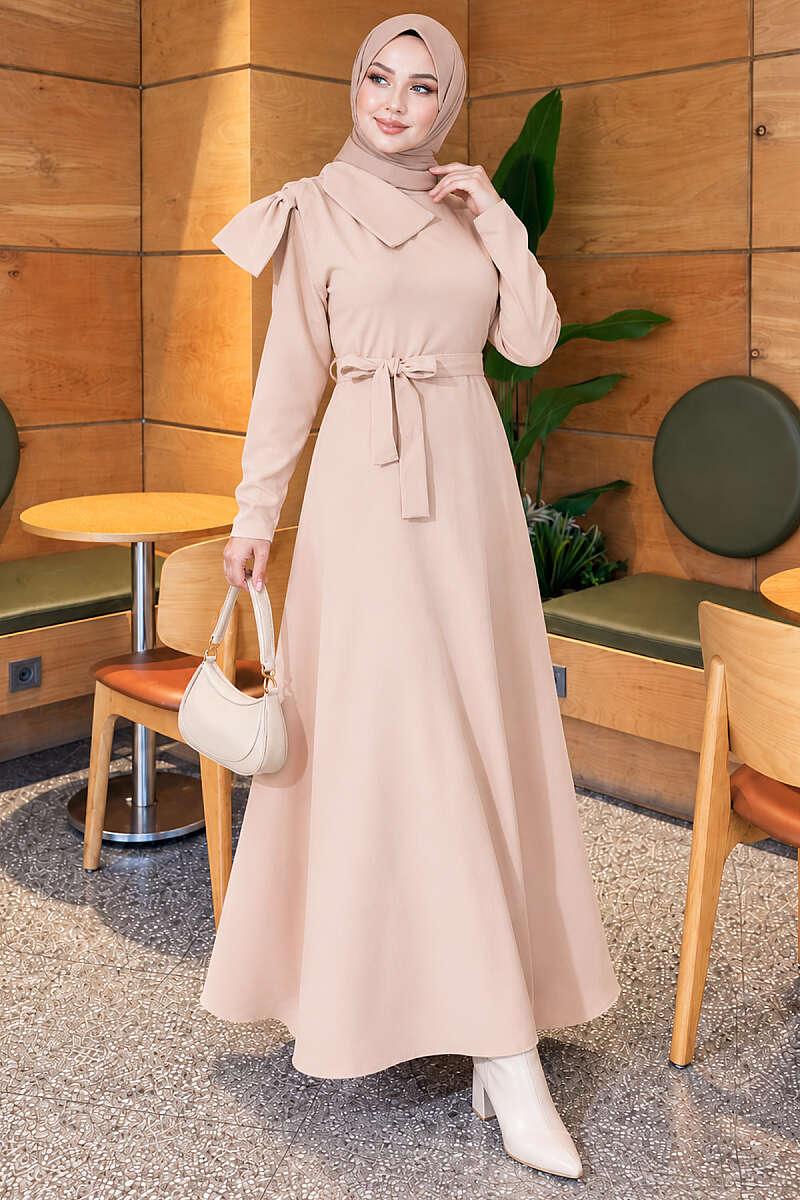 Evening Dress with Contrast Collar - Beige