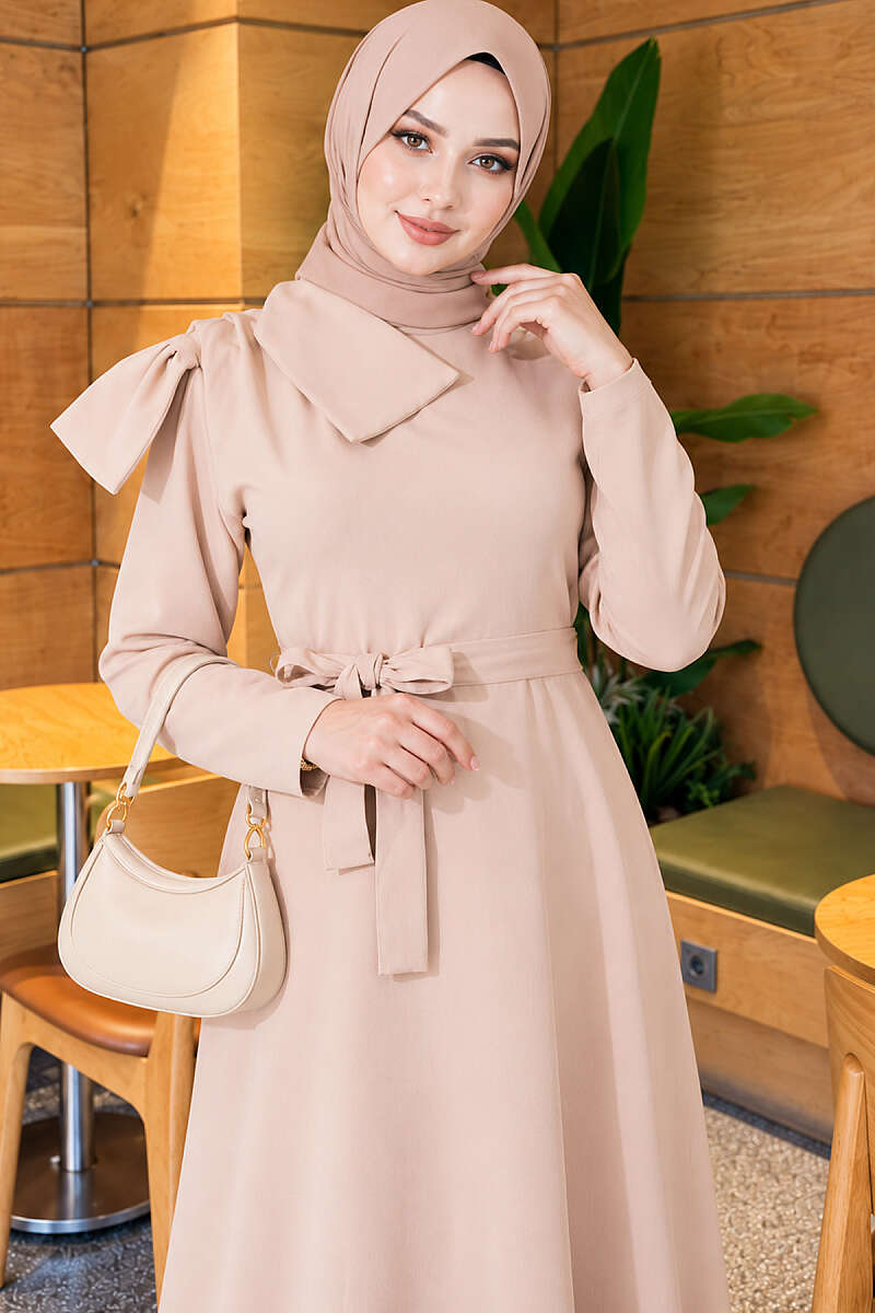 Evening Dress with Contrast Collar - Beige
