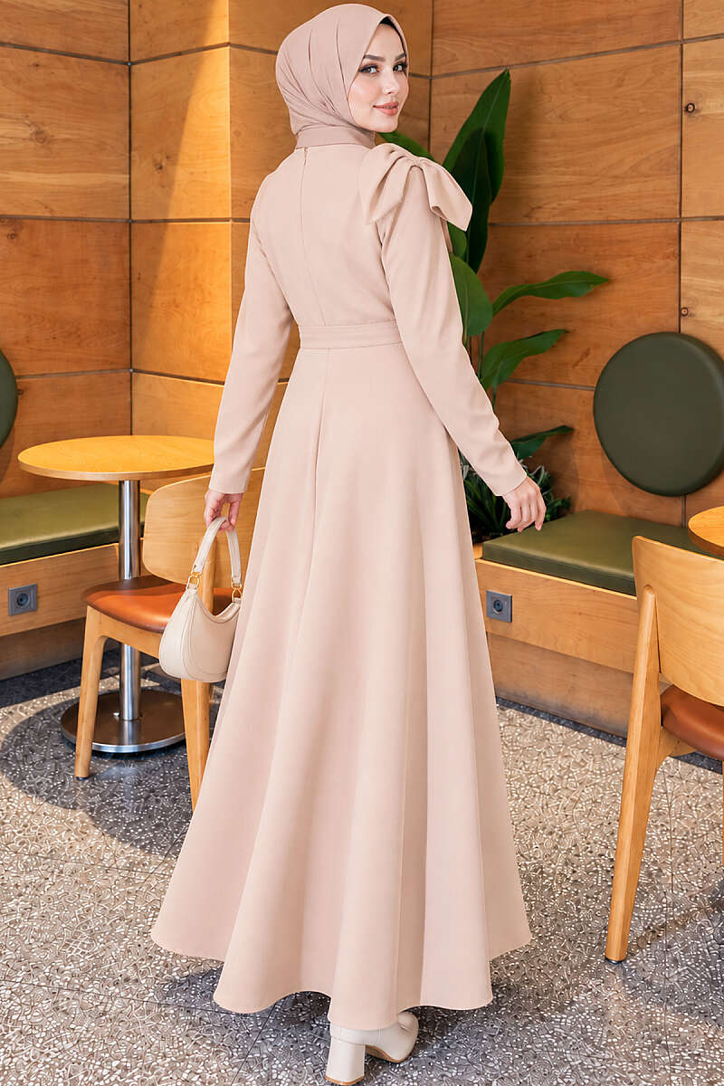 Evening Dress with Contrast Collar - Beige