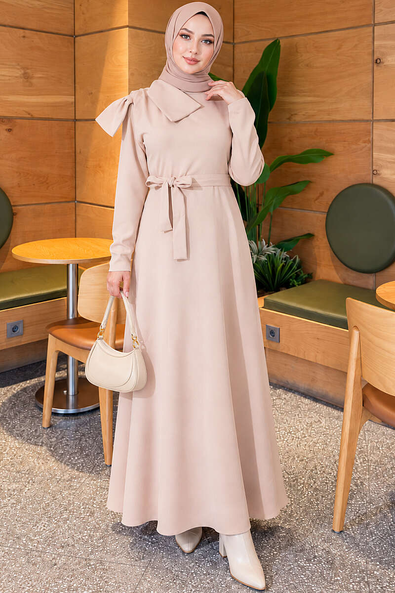 Evening Dress with Contrast Collar - Beige