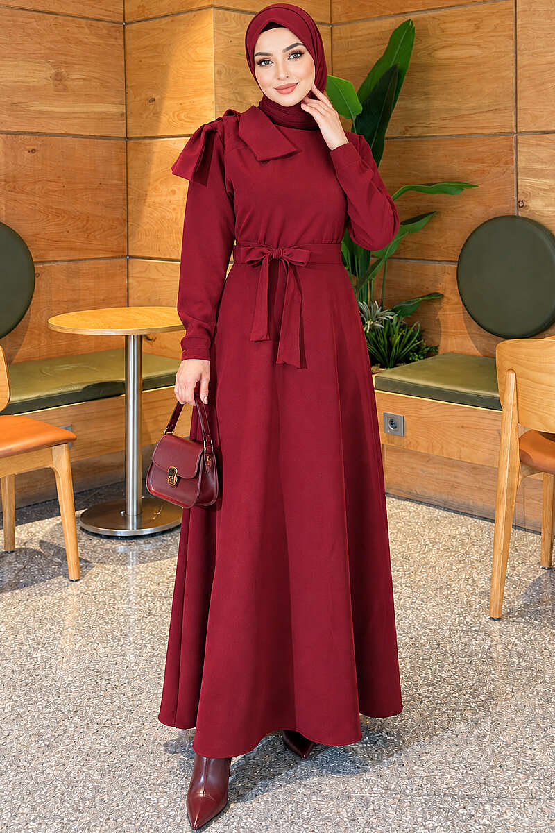 Evening Dress with Contrast Collar - Burgundy