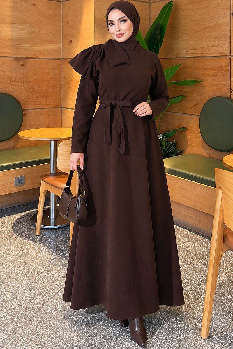Evening Dress with Contrast Collar - Brown