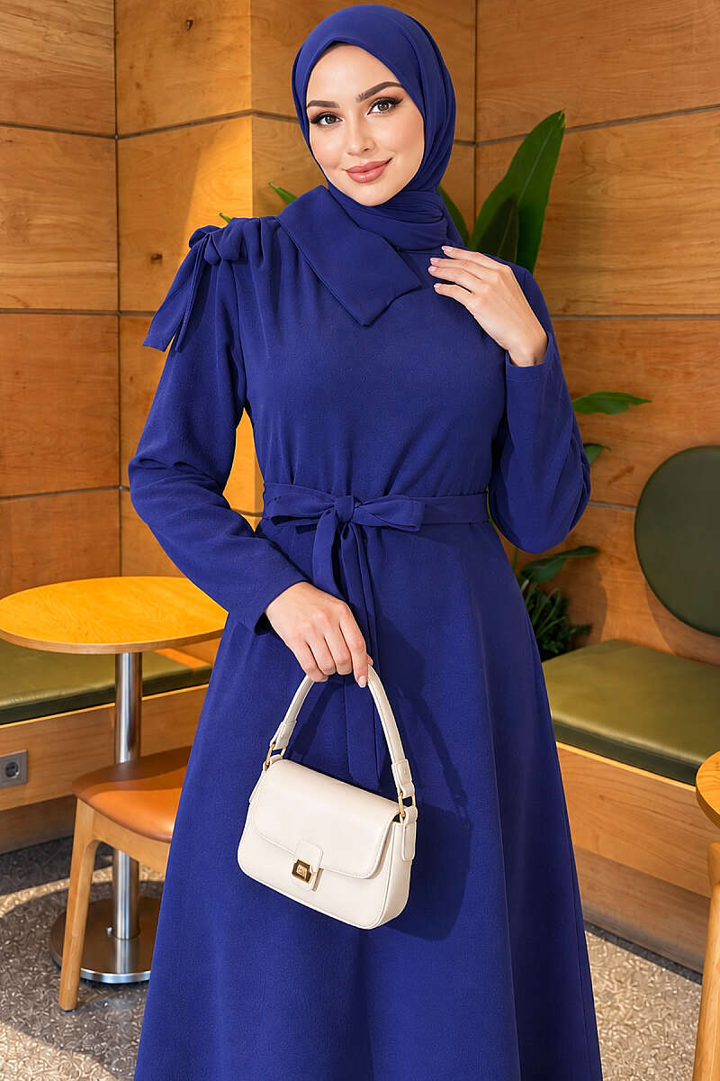 Evening Dress with Contrast Collar - Navy