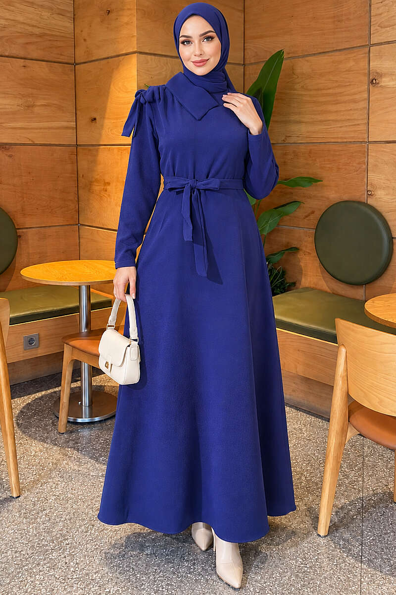 Evening Dress with Contrast Collar - Navy