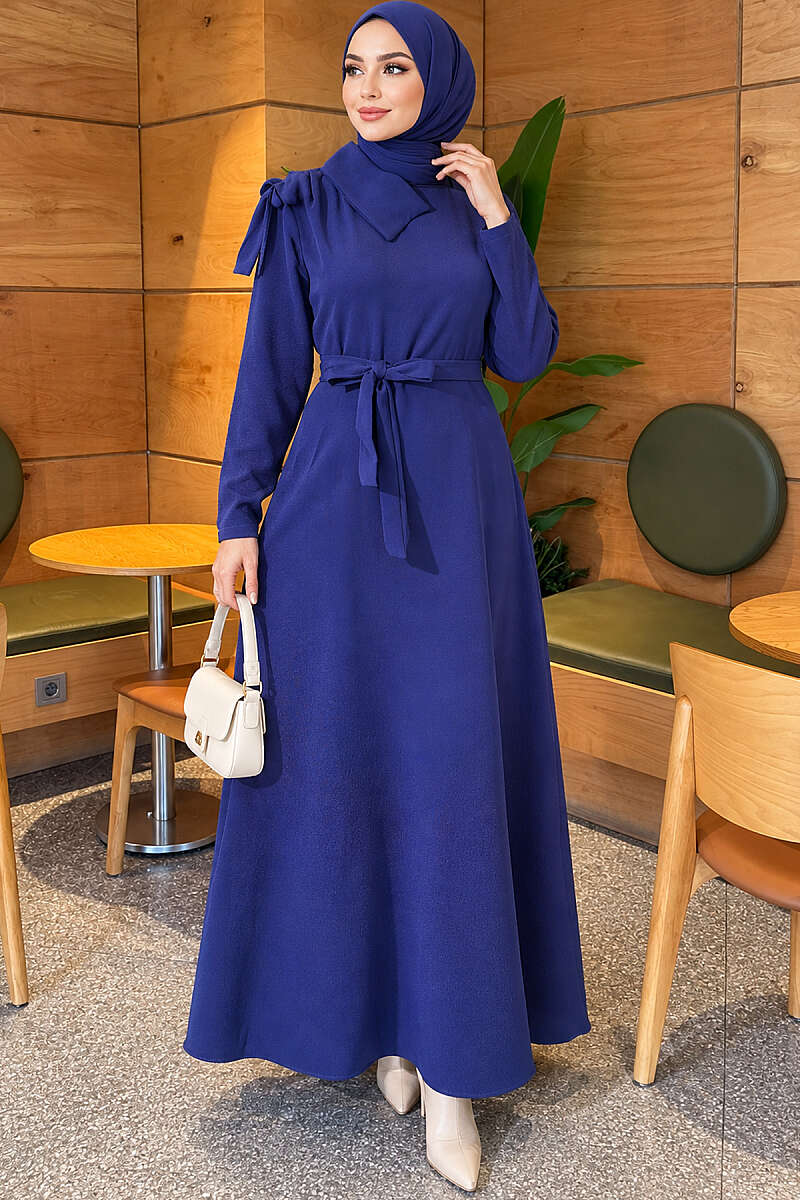 Evening Dress with Contrast Collar - Navy